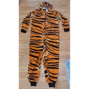 Nick & Nora Tiger Stripe One Piece Pajamas With Hood Size M Pockets Costume Zip